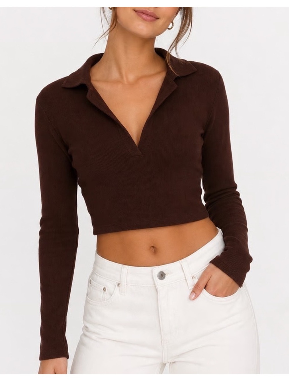 Zara Chocolate Brown Ribbed Polo-Collar Crop Top